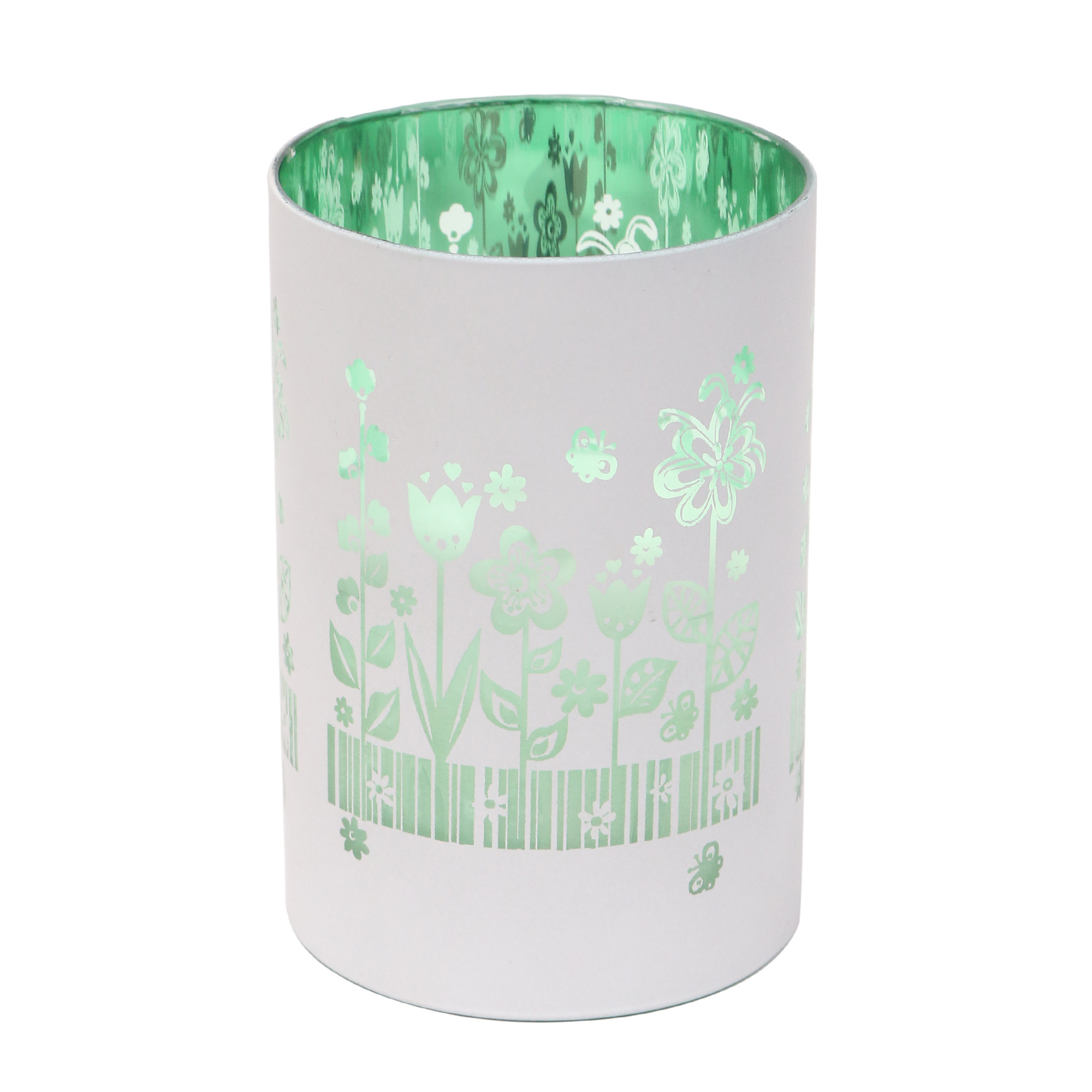 Metallic Colored Glass Filled LED Candle w/Timer - WHITE w/GREEN